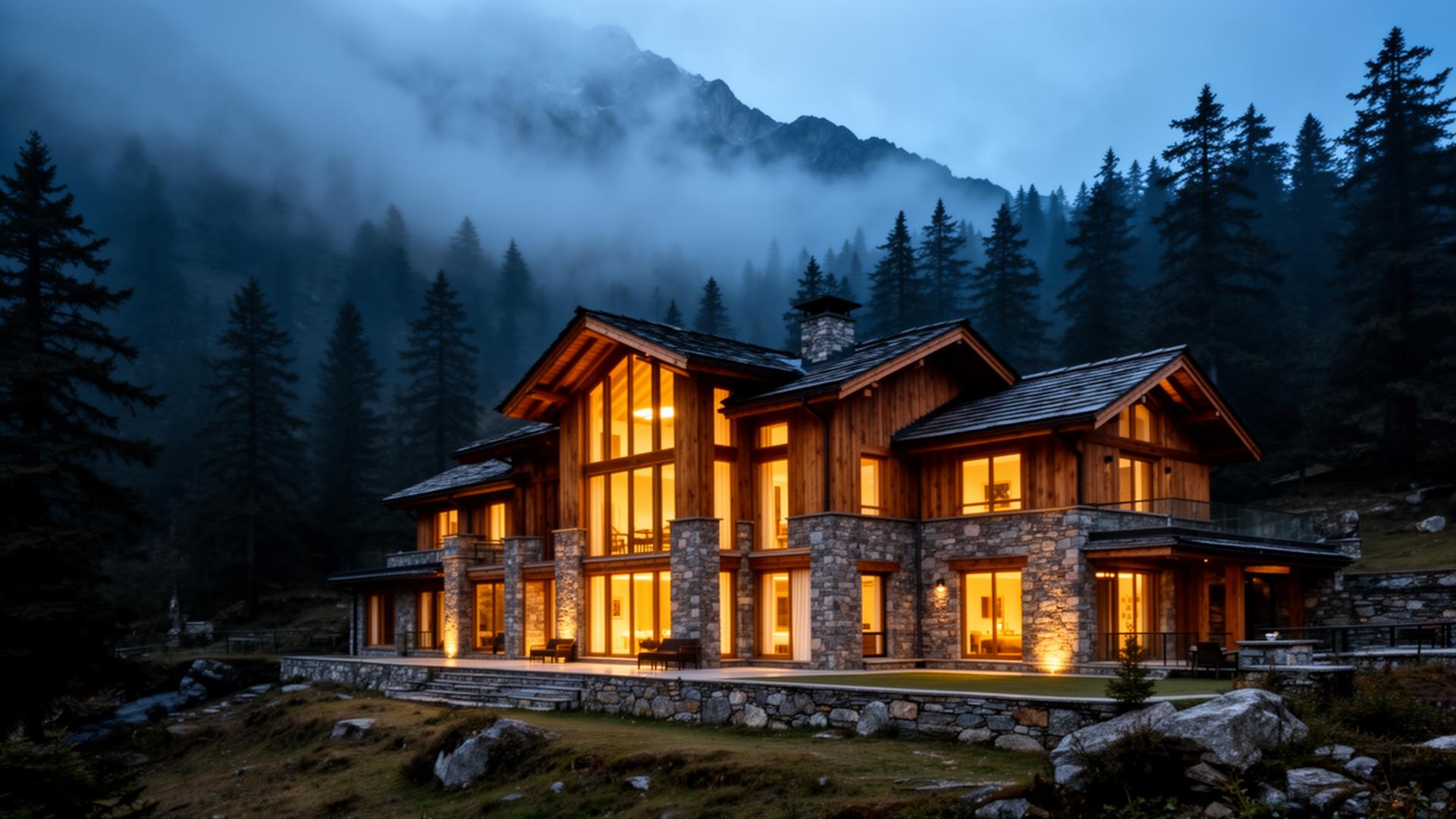 Luxury pet friendly resort near Chandigarh — cedar and stone mountain lodge at dusk