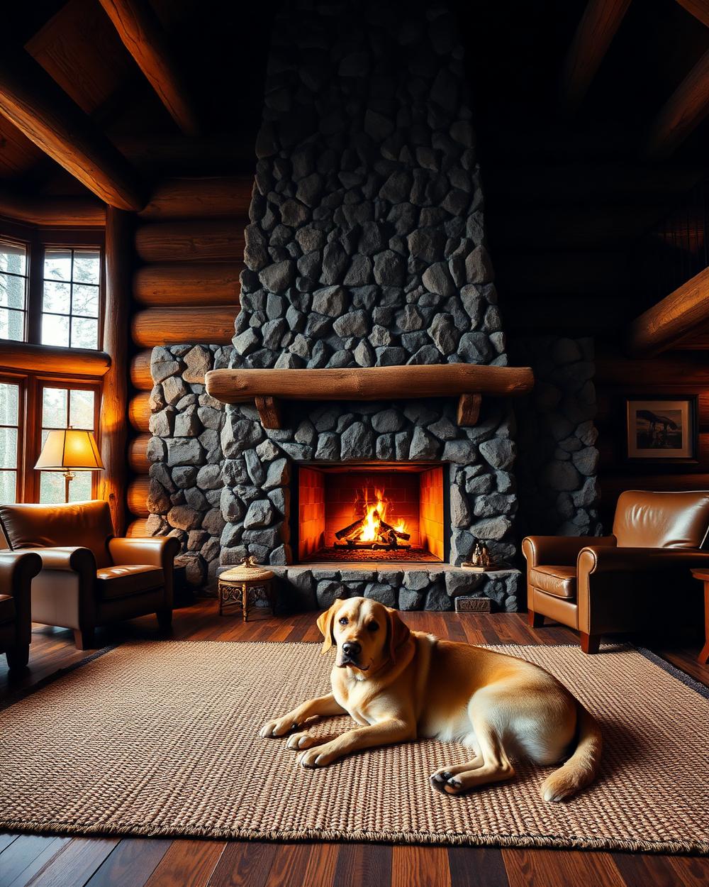 Cozy log cabin interior with stone fireplace and a labrador on a rug