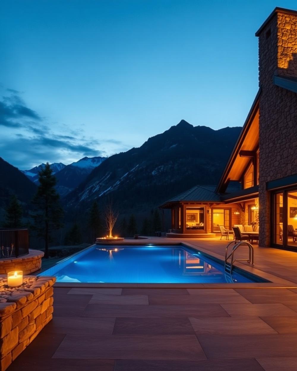 Stone chalet with private pool at blue hour